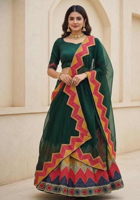 Green Embroidered Net Lehenga Set