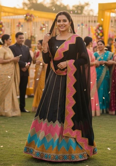 Black Embroidered Net Lehenga Set