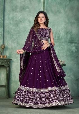 Purple Embroidered Georgette Lehenga Set