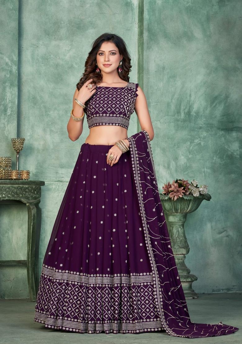 Purple Embroidered Georgette Lehenga Set - Indya