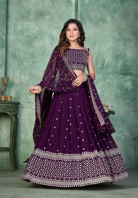 Purple Embroidered Georgette Lehenga Set