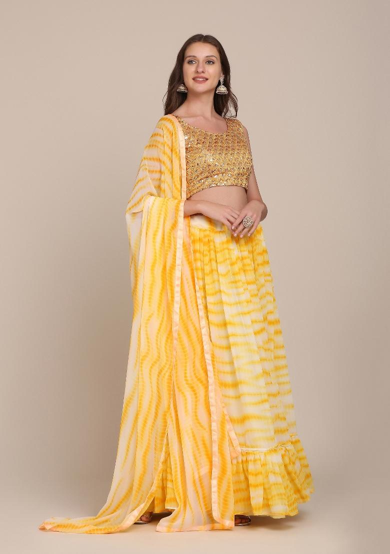 Yellow Printed Georgette Lehenga Set - Indya