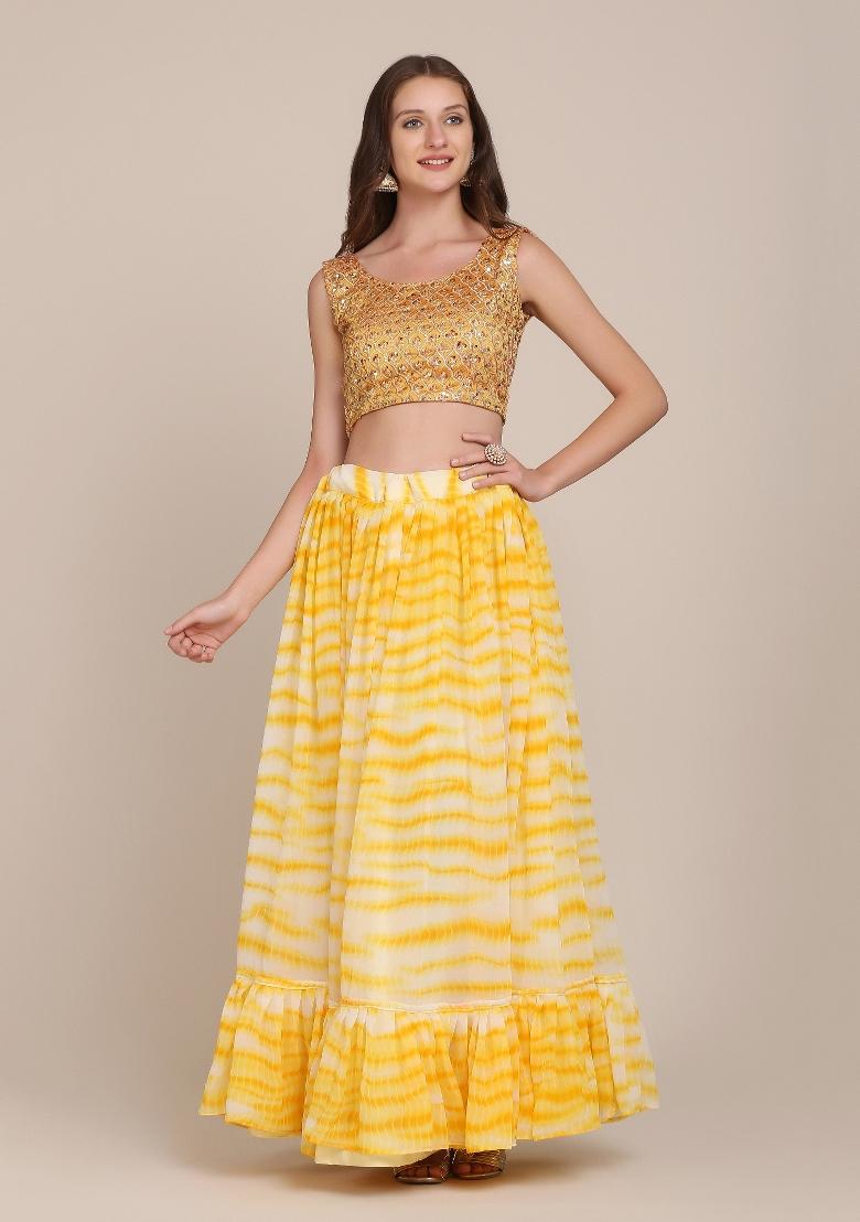 Yellow Printed Georgette Lehenga Set - Indya