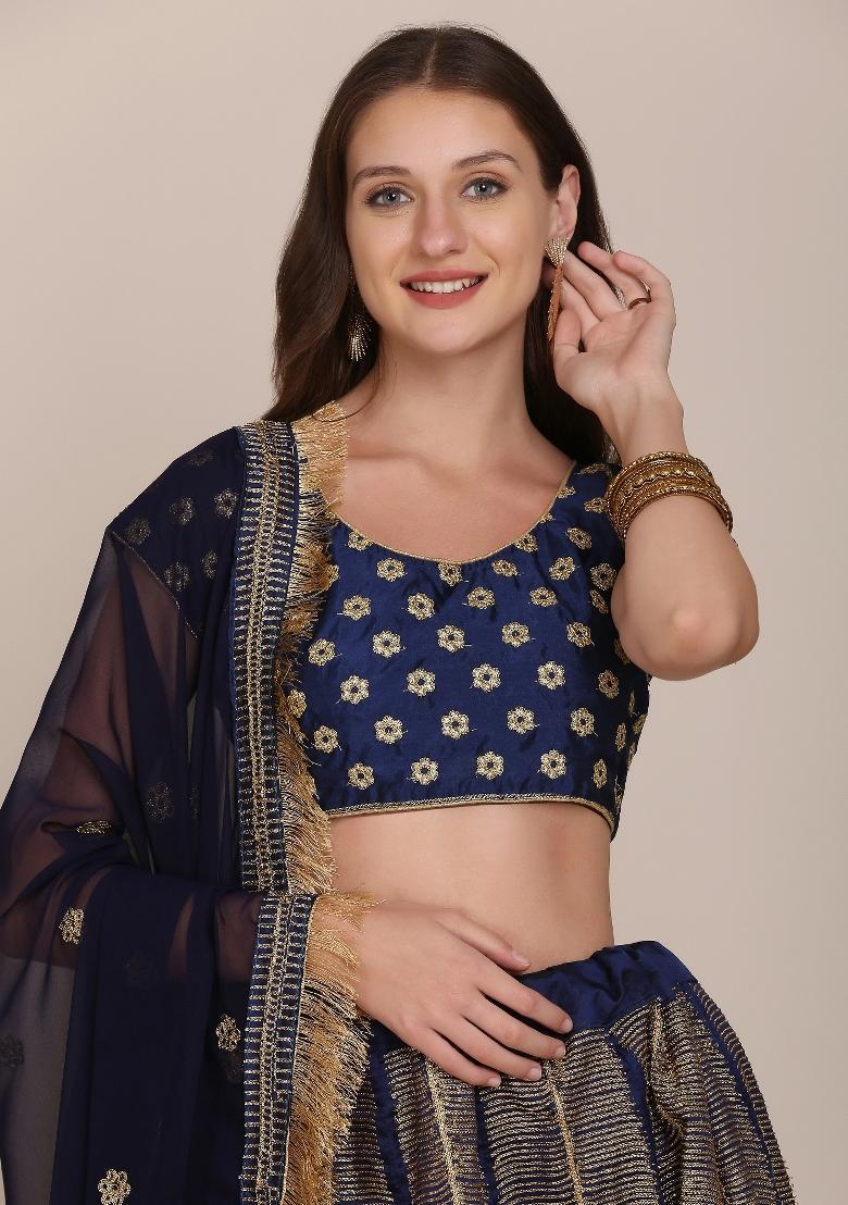 Blue Embroidered Silk Blend Lehenga Set - Indya