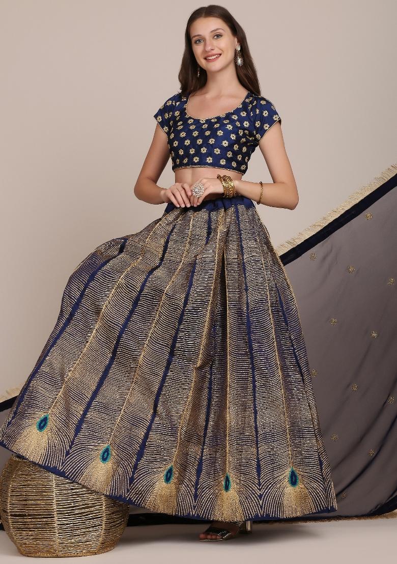 Blue Embroidered Silk Blend Lehenga Set - Indya