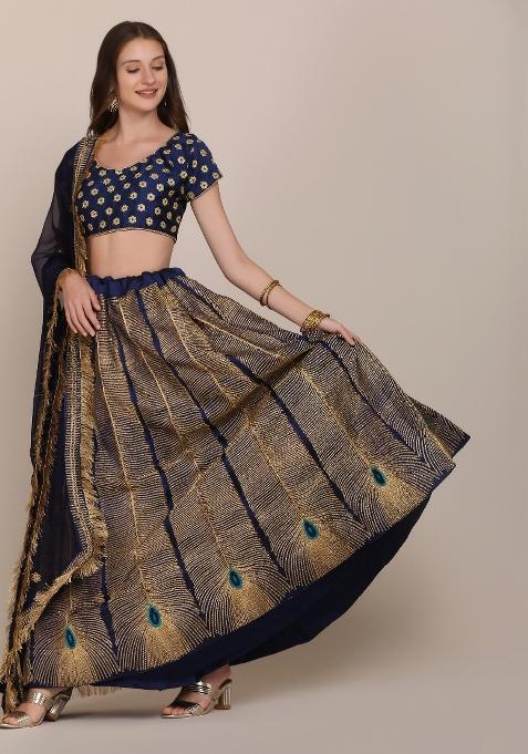 Blue Embroidered Silk Blend Lehenga Set