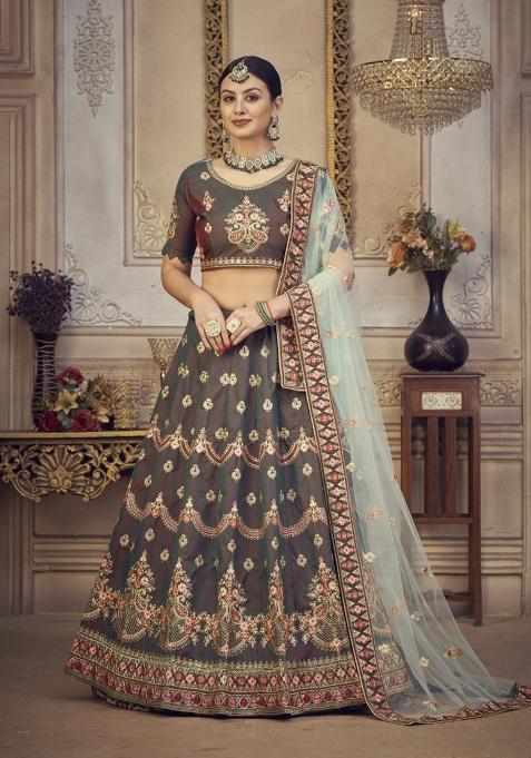Olive Embroidered Silk Blend Lehenga Set