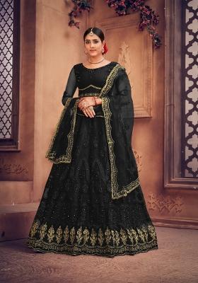 Black Embroidered Net Lehenga Set