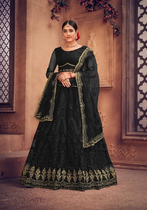 Black Embroidered Net Lehenga Set