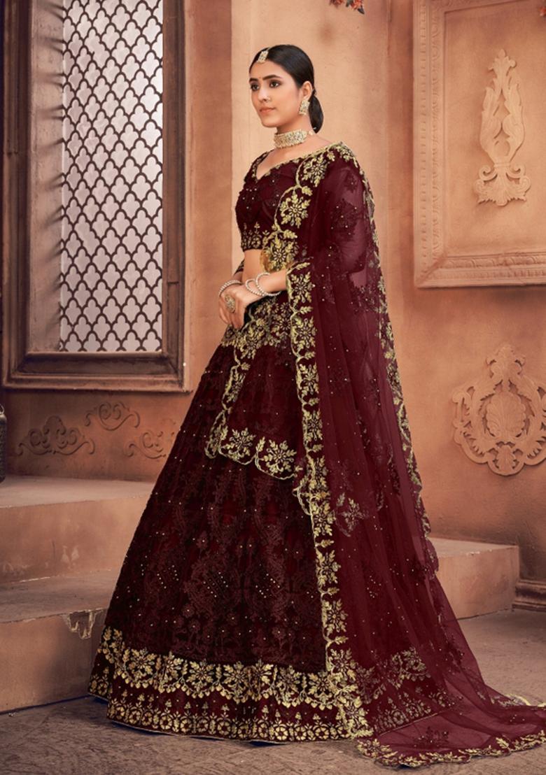 Maroon Embroidered Net Lehenga Set - Indya