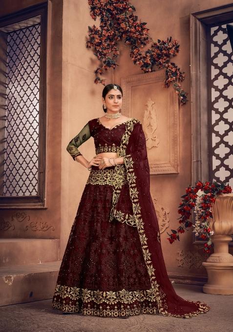 Maroon Embroidered Net Lehenga Set