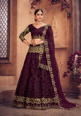 Purple Embroidered Net Lehenga Set