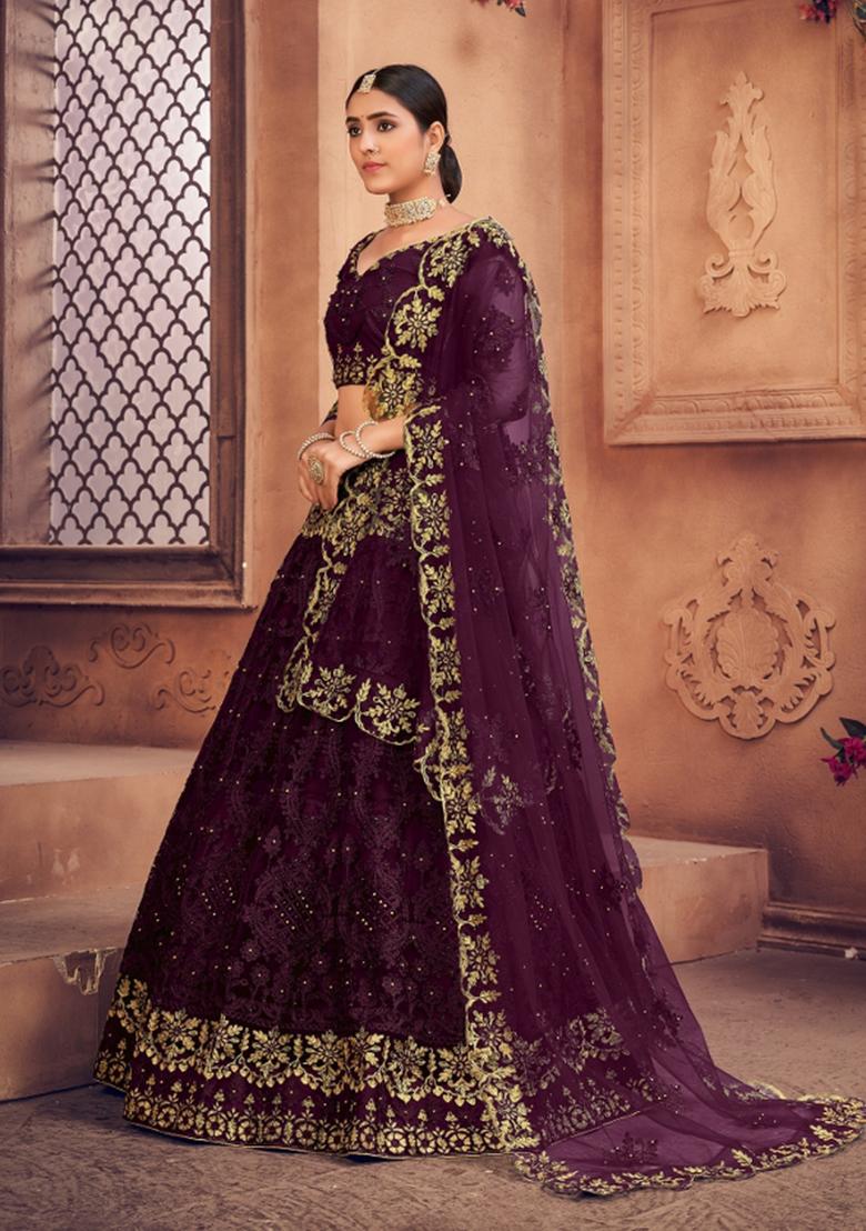 Purple Embroidered Net Lehenga Set - Indya