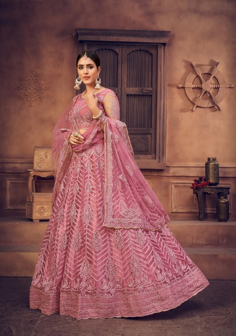 Dusty Embroidered Net Lehenga Set - Indya