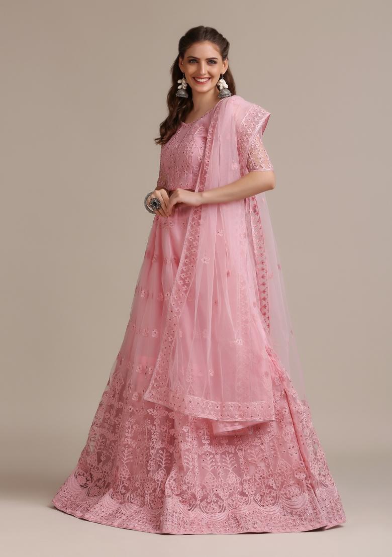 Light Pink Embroidered Net Lehenga Set - Indya