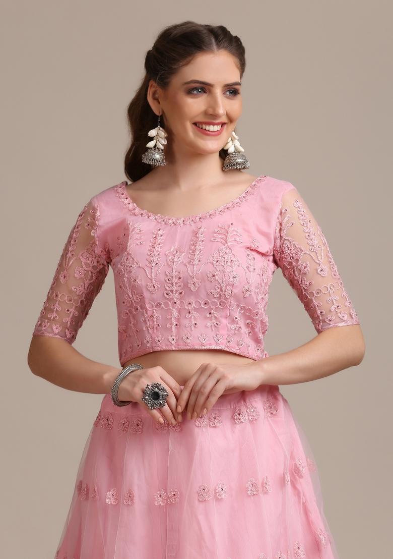 Light Pink Embroidered Net Lehenga Set - Indya