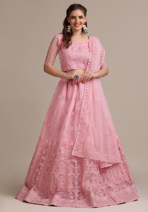 Light Pink Embroidered Net Lehenga Set