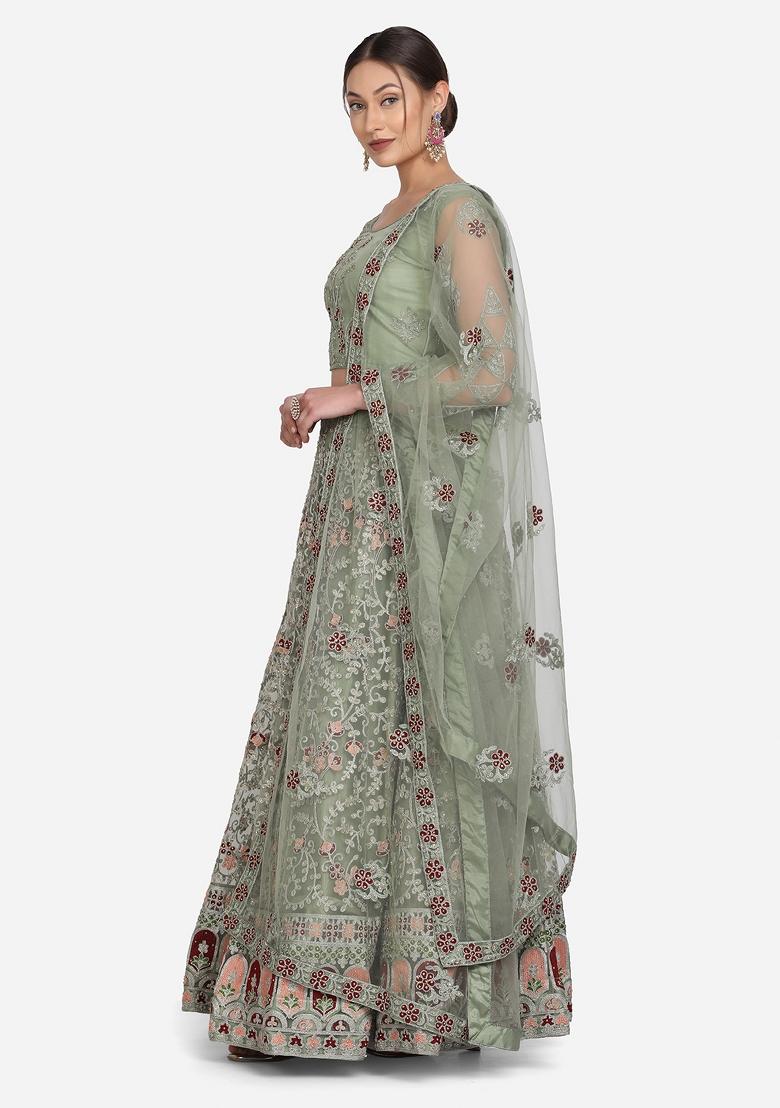 Pista Embroidered Net Lehenga Set - Indya