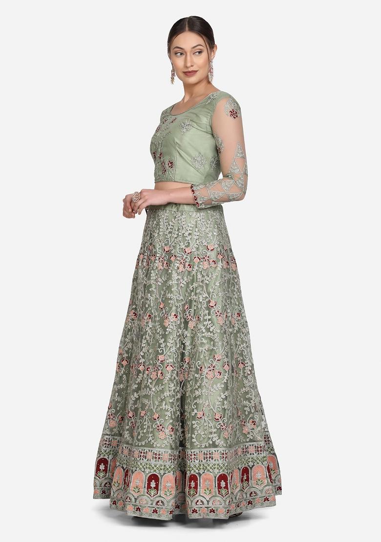Pista Embroidered Net Lehenga Set - Indya