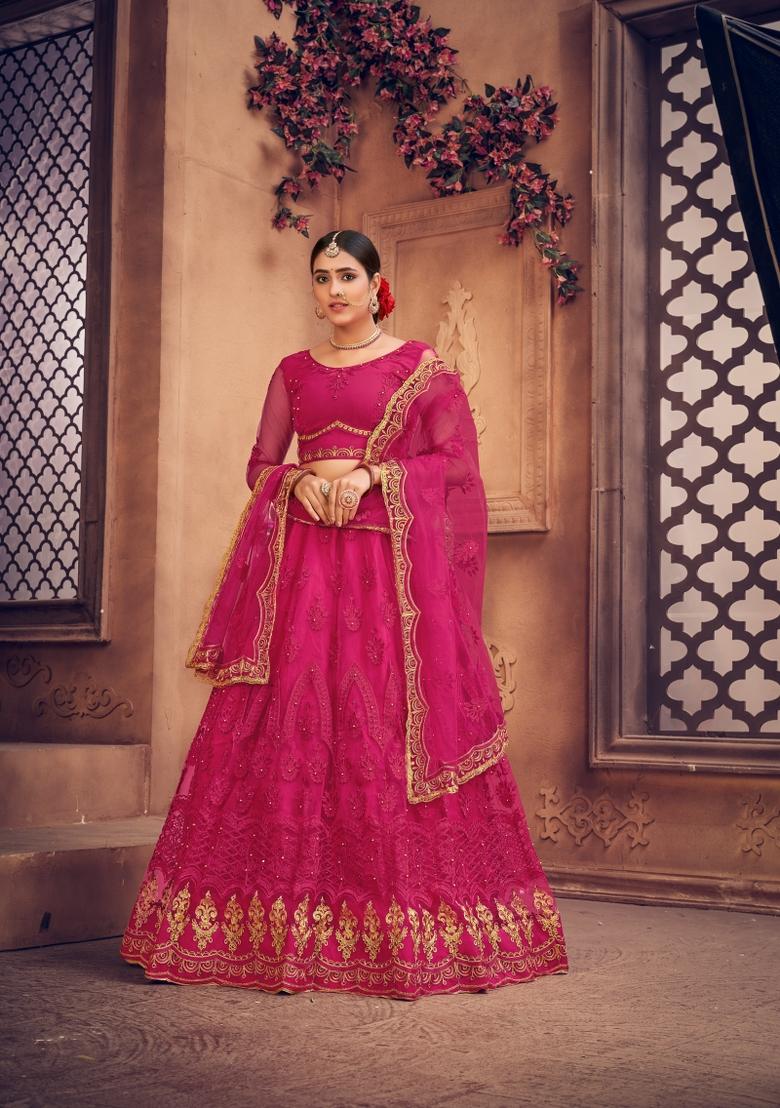 Pink Embroidered Net Lehenga Set - Indya