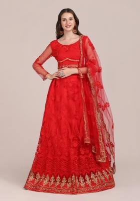 Red Embroidered Net Lehenga Set