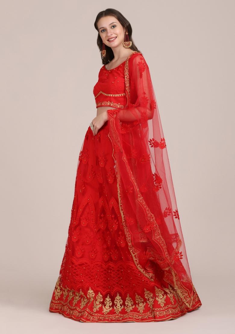 Red Embroidered Net Lehenga Set - Indya