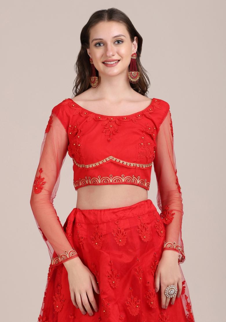 Red Embroidered Net Lehenga Set - Indya