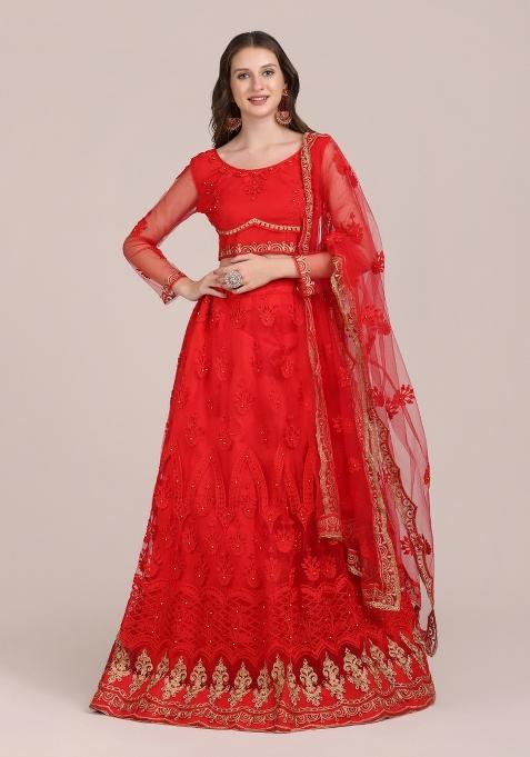 Red Embroidered Net Lehenga Set