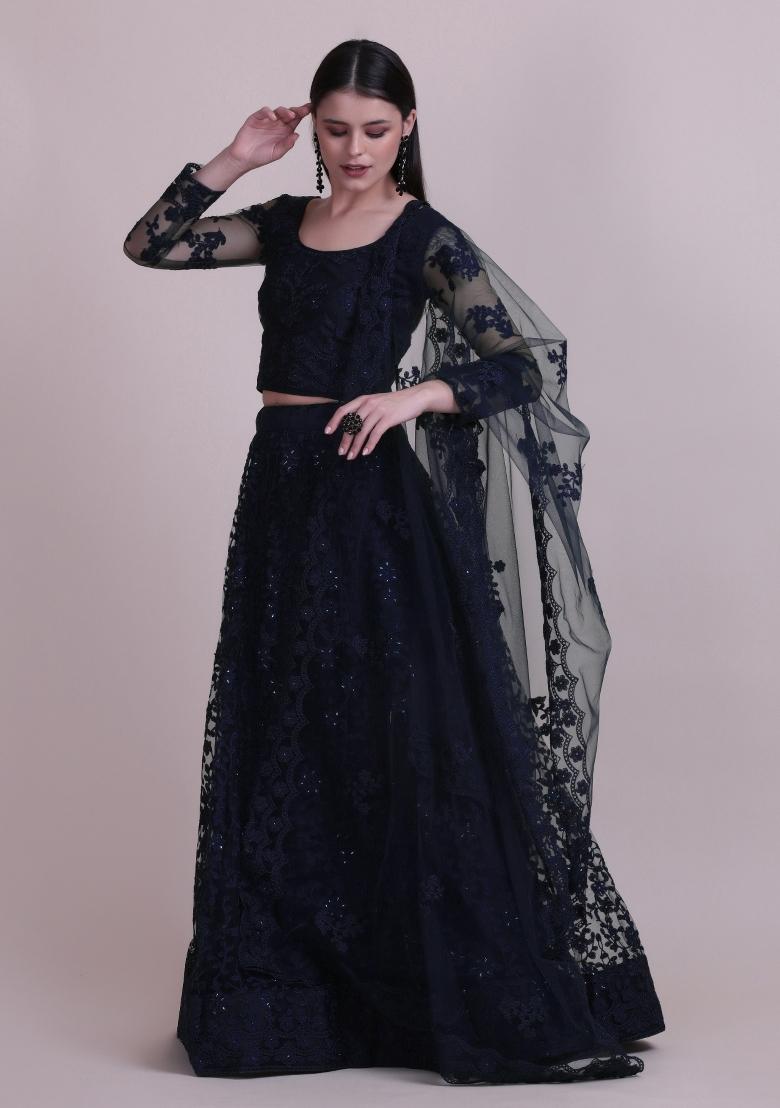 Blue Embroidered Net Lehenga Set - Indya