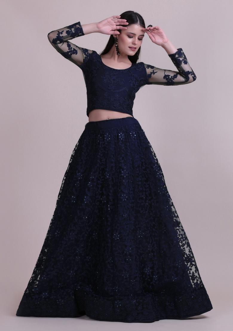 Blue Embroidered Net Lehenga Set - Indya
