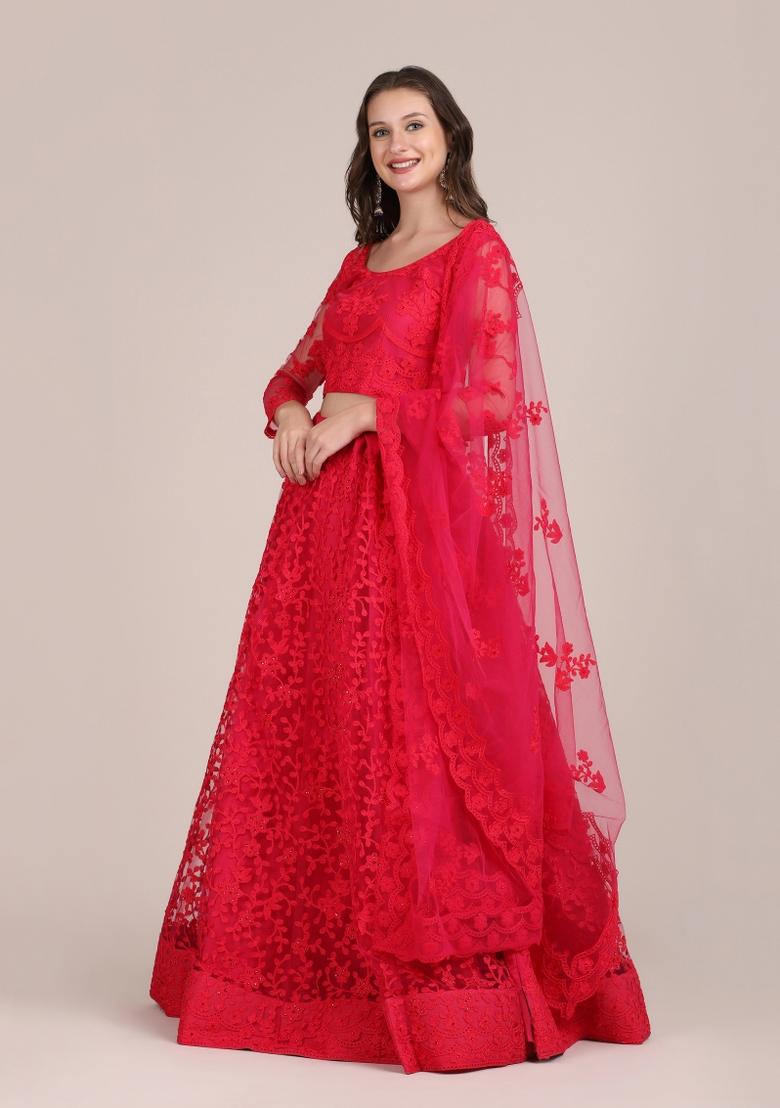 Pink Embroidered Net Lehenga Set - Indya