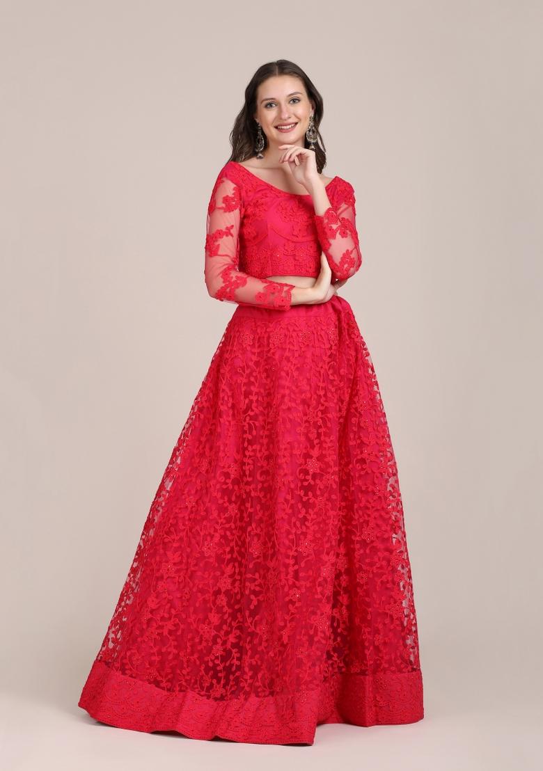 Pink Embroidered Net Lehenga Set - Indya