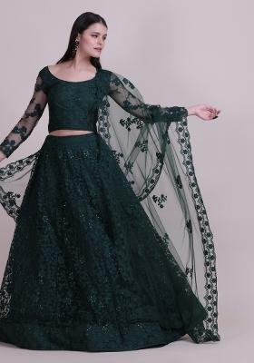 Green Embroidered Net Lehenga Set