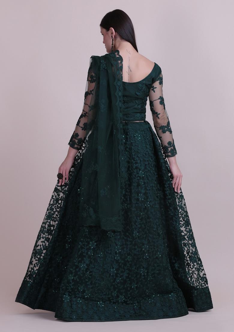 Green Embroidered Net Lehenga Set - Indya