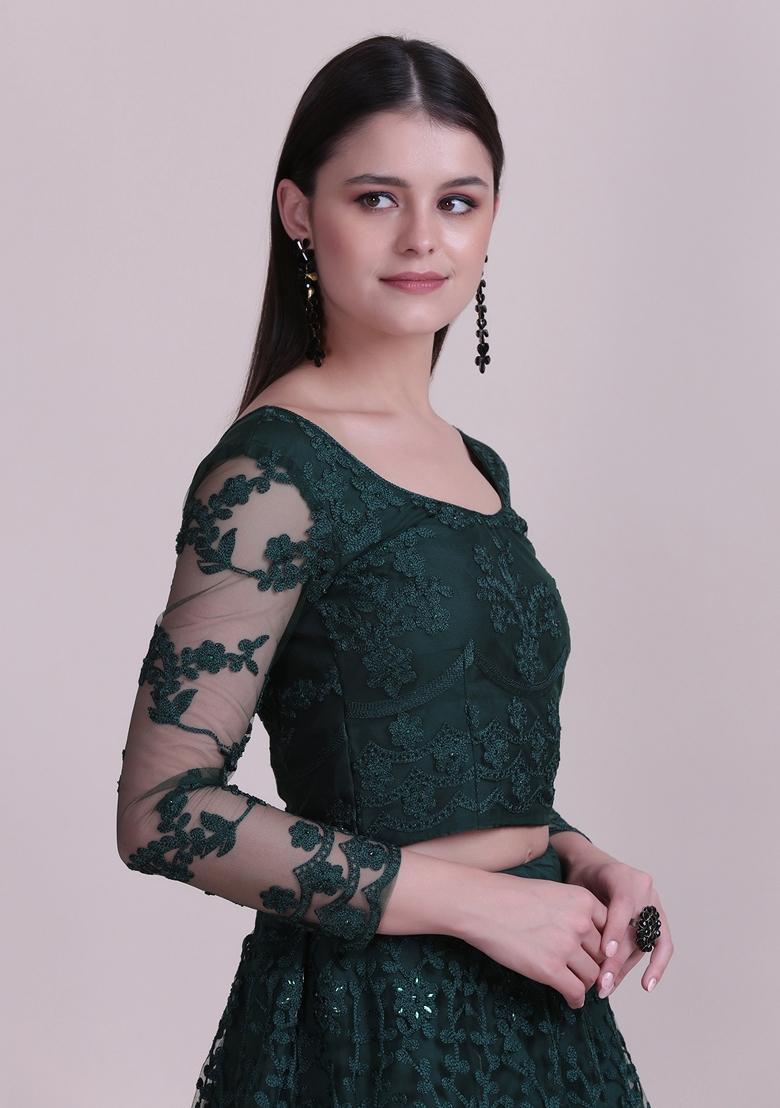 Green Embroidered Net Lehenga Set - Indya