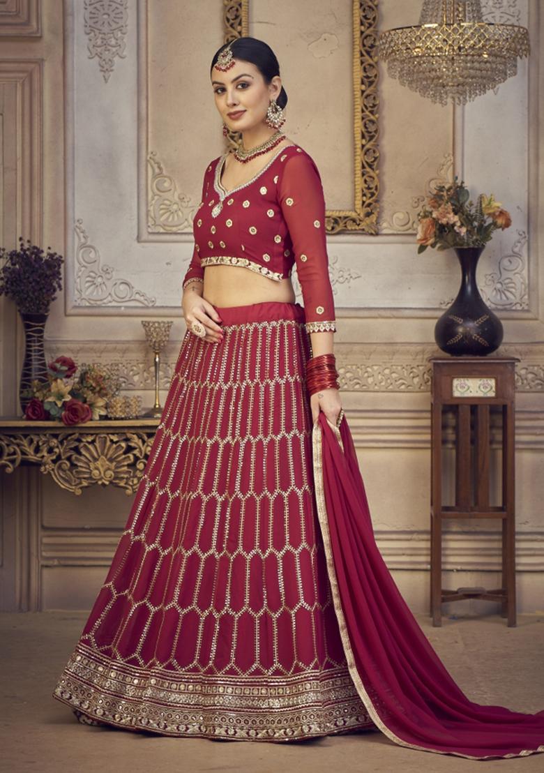 Pink Embroidered Georgette Lehenga Set - Indya