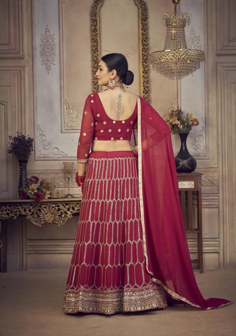 Pink Embroidered Georgette Lehenga Set - Indya