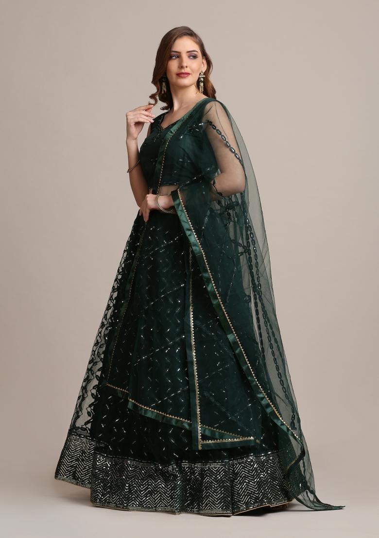 Green Embellished Net Lehenga Set - Indya