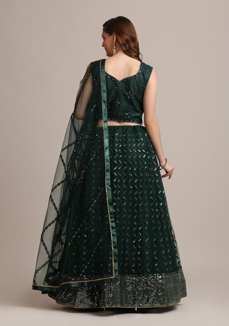 Green Embellished Net Lehenga Set - Indya