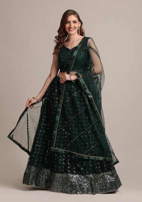 Green Embellished Net Lehenga Set