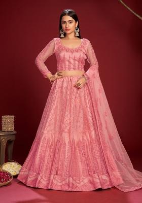 Peach Embroidered Net Lehenga Set