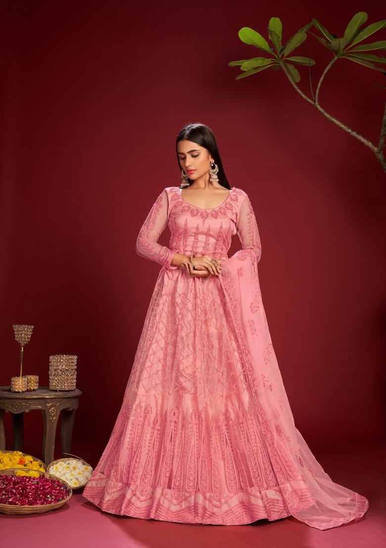 Peach Embroidered Net Lehenga Set - Indya