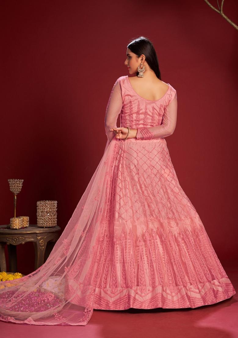 Peach Embroidered Net Lehenga Set - Indya