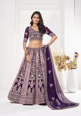Purple Embroidered Georgette Lehenga Set