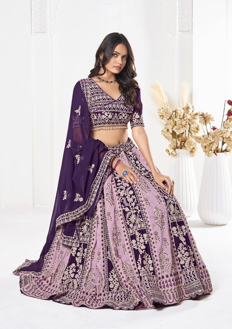 Purple Embroidered Georgette Lehenga Set - Indya