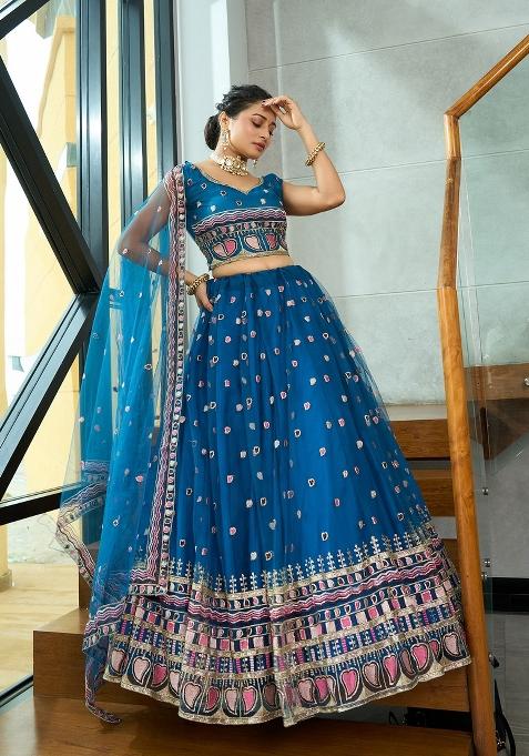 Turquoise Embroidered Net Lehenga Set