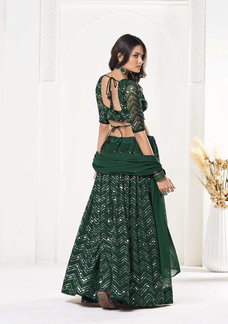 Green Embroidered Georgette Lehenga Set - Indya
