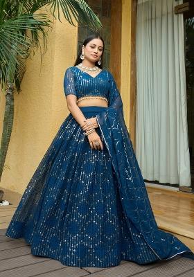 Turquoise Embroidered Georgette Lehenga Set