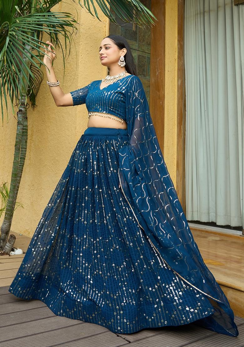 Turquoise Embroidered Georgette Lehenga Set - Indya