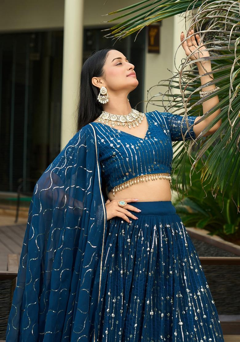 Turquoise Embroidered Georgette Lehenga Set - Indya